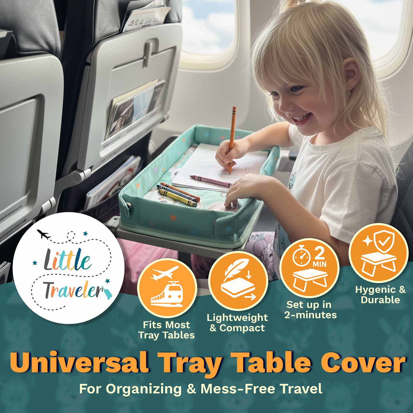 Little Traveler Tray Table Cover for Kids – Universal Fit, Waterproof & Easy Setup I Mint Green